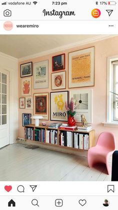 an instagram page with pictures on the wall and a pink chair next to it