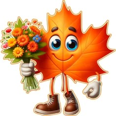 a cartoon maple leaf holding a bouquet of flowers