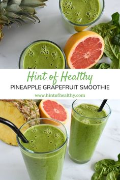 pineapple grapefruit smoothie with spinach and oranges on the side