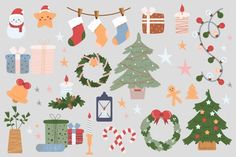 christmas items are arranged on a gray background