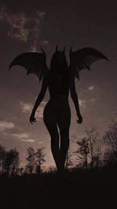 the silhouette of a woman with wings in front of a red and black sky at night