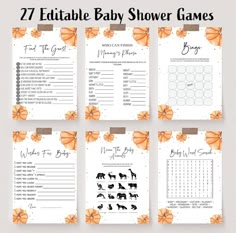 a baby shower game is shown with orange flowers and bows on the front, and an orange