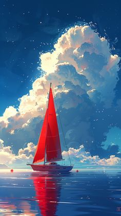 a red sailboat floating on top of a body of water under a cloudy sky