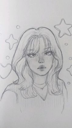 a pencil drawing of a girl with stars above her head and the words, i love you