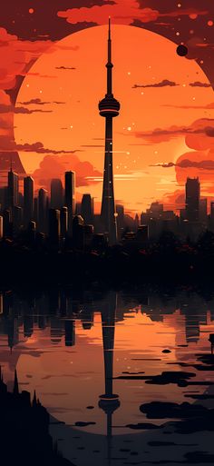 Bright orange aesthetic of the Toronto skyline featuring the CN Tower. Orange Anime Wallpaper Iphone, Bright Aesthetic Wallpaper Iphone, Orange Anime Wallpaper Aesthetic, Bright Anime Wallpaper, Anime Orange Wallpaper, Anime Orange Aesthetic, Bright Orange Aesthetic, Orange Aesthetic Wallpaper Iphone, Vibrant Wallpaper Iphone