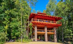 a tall wooden structure sitting in the middle of a forest filled with lots of trees