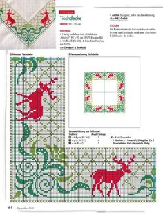 the cross stitch pattern is shown in red, green and white with an image of a deer