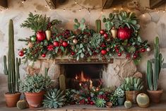 a fireplace decorated with christmas decorations and greenery