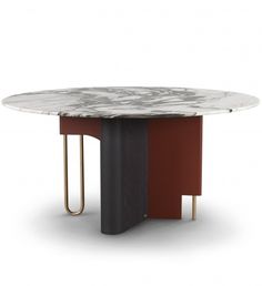 an oval marble table with two metal legs and a brown base, in front of a white background