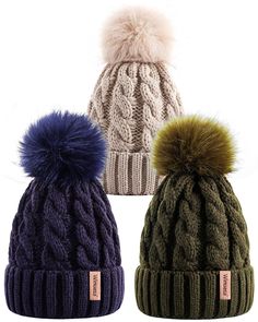 three hats with pom - poms are shown in three different colors and sizes