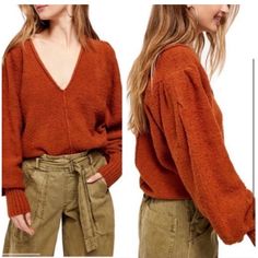 Nwt Free People Burnt Orange Rust V Neck Cotton Elastene Nylon Blend Xs Length 22 Chest 18 Burnt Butter, Flirty Tops, Asymmetrical Sweater, Orange Sweaters, Bell Sleeve Sweater, Oversized Knitted Sweaters, Oversize Knit, Free People Sweaters, Ribbed Knit Sweater