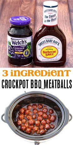 the ingredients for crockpot bbq meatballs are shown in this collage