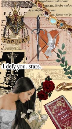 a collage of different items including roses, books, and other decorative objects with words written on them