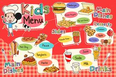 Kids Meal Menu | GraphicRiver Kids Menu Design, English Street, Ice Cream Pizza, Hot Dog Pizza, Menu Design Inspiration, Healthy Food Ideas, Eat Healthy Food, Menue Design, Food Sticker