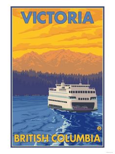 a poster advertising a cruise ship on the water with mountains in the backgroud