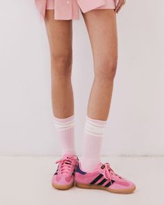 DETAILS: Color : Light pink & Cream combo Retro striped socks Nylora logo on back side 77% Cotton, 17% Polyester, 6% PU SIZE & FIT: One Size (W 3" x L 8" x H 9 1/2") Comfortable Pink Cotton Socks, Sporty Pink Cotton Socks, Sporty Pink Socks For Sports, Sporty Pink Sports Socks, Pink Sports Socks, Pink Casual Sports Socks, Color Light Pink, Striped Socks, Color Light