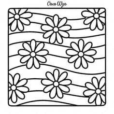 a coloring page with flowers and stripes in black and white, for kids to color