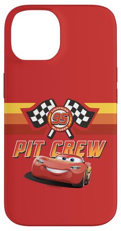 a red phone case with cars and the words,'pit crew'on it