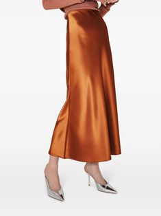 Find GALVAN Valletta Satin Midi Skirt on Editorialist. burnt orange satin finish bias cut concealed side zip fastening mid-length straight hem Satin Skirt For Evening In Fall, Satin Skirt For Fall Evening, Fall Evening Satin Skirt, Formal Silk Skirt For Fall, Elegant Formal Orange Bottoms, Elegant Orange Skirt For Work, Elegant Orange Party Bottoms, Elegant Orange Long Skirt, Elegant Long Orange Skirt