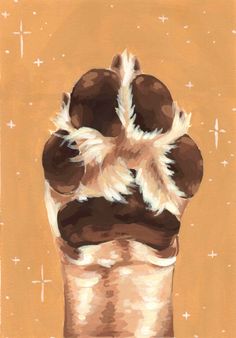 a painting of a dog's paw with white and brown fur on it, in front of an orange background