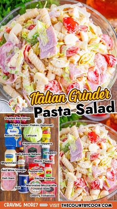 pasta salad in a glass bowl with the words italian grinder pasta salad on it