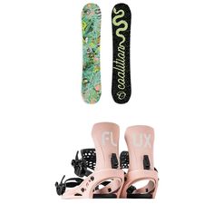 the snowboard is next to two pairs of skis and one pair of sandals