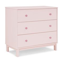 a pink dresser with three drawers and two knobs on the bottom drawer, against a white background