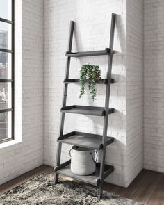 the leaning ladder shelf is next to a potted plant in a white brick room