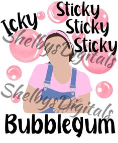 a woman with pink shirt and blue overalls is surrounded by bubbles