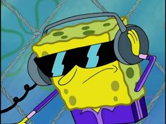 a spongebob with headphones and a microphone