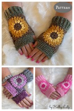 three pictures of hands with crocheted mittens on them, one has a sunflower in the middle