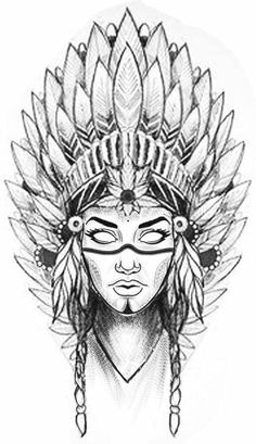 a drawing of a woman wearing a headdress with feathers on it's head