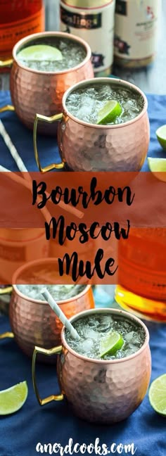 bourbon moscow mule recipe with limes on the side and in copper mugs for garnish