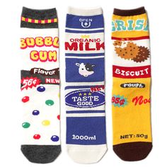 Yummy Socks at Boogzel Apparel Boogzel Apparel, Aesthetic Socks, Food Socks, Gum Flavors, Crop Top Aesthetic, Retro Food, Embroidered Socks, Tøp Aesthetic, Organic Milk