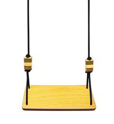 a wooden swing with two black handles and yellow rope on the bottom, against a white background