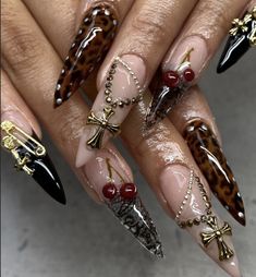 Cool Stiletto Nails, Sade Nails, Mismatch Nails, Chain Nails, Mismatched Nails, Ongles Bling Bling, Boujee Nails, Cheetah Nails, Leopard Nails