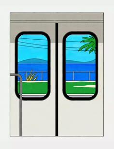 an open door with palm trees and the ocean in the backgrouds is shown