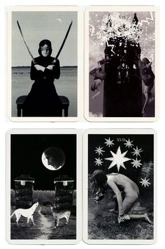 four black and white photos of women with stars in the sky, one holding two swords