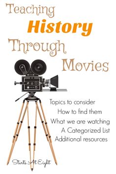 an old movie camera on a tripod with the words teaching history through movies above it