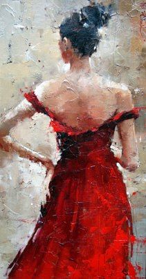 a painting of a woman in a red dress with her back turned to the camera