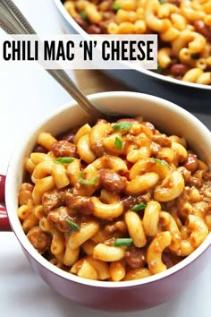 two bowls filled with chili mac n'cheese