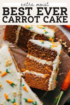 carrot cake with white frosting and green sprinkles on a wooden cutting board