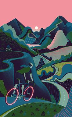 a man riding a bike down a road next to a lush green hillside under a pink sky