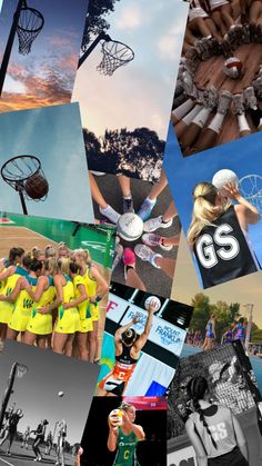 collage of women in sports uniforms playing basketball