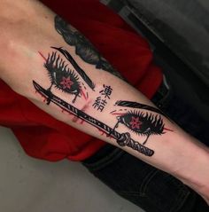 a woman's arm with tattoos on it and two swords in the middle of her leg