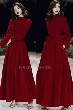 Nice Dresses For Party Classy, Velvet Long Frocks, Red Gown Elegant Classy, Simple Gown Designs Classy, Modest Red Dress, Red Dress Hijab, Dresses For Winter, Scarlet Dress, Type Of Content