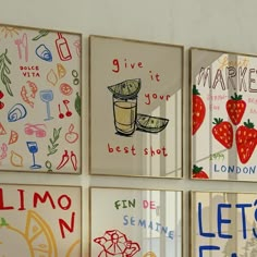 four paintings on the wall with different words