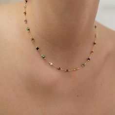 This beautiful stone necklace chain is turly the fashionest style in 2024. The colorful beads are made of natural stones, which cuted smoothly as crystal. The thin, elegant chain is 14k gold plated, which shines vividly and friendly to sensitive skin. This multicolor stone necklace has a perfect length 44cm, which can clearly show your style on the neck. Product Specifications: Length： 44cm / 17.32 inchesStock Number： 7260Metal： Gold plated S925 silver claspMaterial： natural stoneFor： Female Pac Gold And Stone Necklace, Gold Neck Chain, Anting Manik, Diy Jewelry Inspiration, Necklace Colorful, Chic Necklace, Handmade Jewelry Tutorials, India Jewelry, Gold Earrings Designs