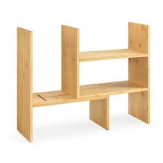 a wooden shelf with two open shelves on each side