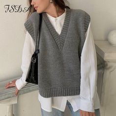 V Neck Knitted Vest, Jumper Fashion, Sweater Sleeveless, Vest Sweater, Grey Jumper, Solid Clothes